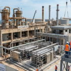 أعمال إنشائية وتركيب معدات جديدة في محطة الشعيبة ضمن خطة تطوير محطات التحلية القديمة، حيث تظهر الأبراج القديمة وبجانبها وحدات التحلية الحديثة لرفع الطاقة الإنتاجية.