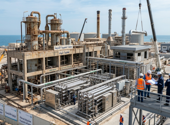 أعمال إنشائية وتركيب معدات جديدة في محطة الشعيبة ضمن خطة تطوير محطات التحلية القديمة، حيث تظهر الأبراج القديمة وبجانبها وحدات التحلية الحديثة لرفع الطاقة الإنتاجية.