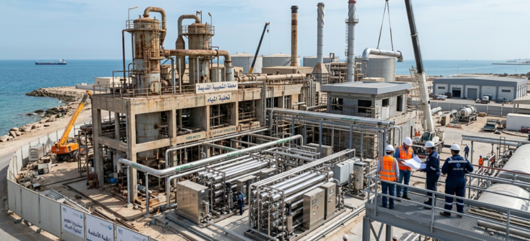 أعمال إنشائية وتركيب معدات جديدة في محطة الشعيبة ضمن خطة تطوير محطات التحلية القديمة، حيث تظهر الأبراج القديمة وبجانبها وحدات التحلية الحديثة لرفع الطاقة الإنتاجية.