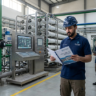 مهندس يراجع البيانات الفنية في دليل تشغيل محطات التحلية داخل المحطة.