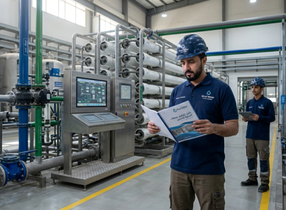 مهندس يراجع البيانات الفنية في دليل تشغيل محطات التحلية داخل المحطة.