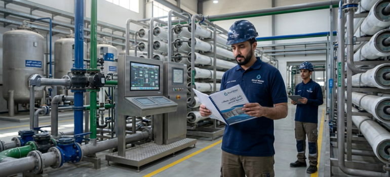 مهندس يراجع البيانات الفنية في دليل تشغيل محطات التحلية داخل المحطة.
