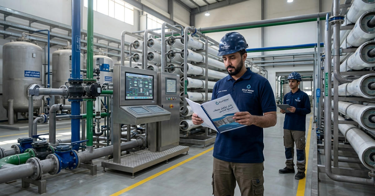 مهندس يراجع البيانات الفنية في دليل تشغيل محطات التحلية داخل المحطة.
