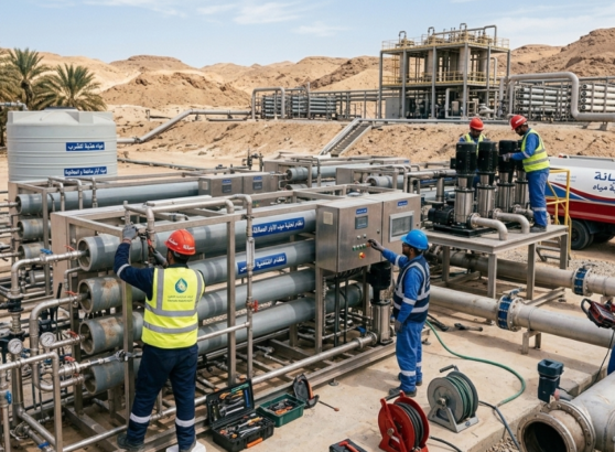 فريق عمل متكامل من المهندسين والفنيين يباشرون أعمال صيانة محطات تحلية مياه الآبار الميدانية في منطقة صحراوية لضمان كفاءة استخراج وتنقية المياه.