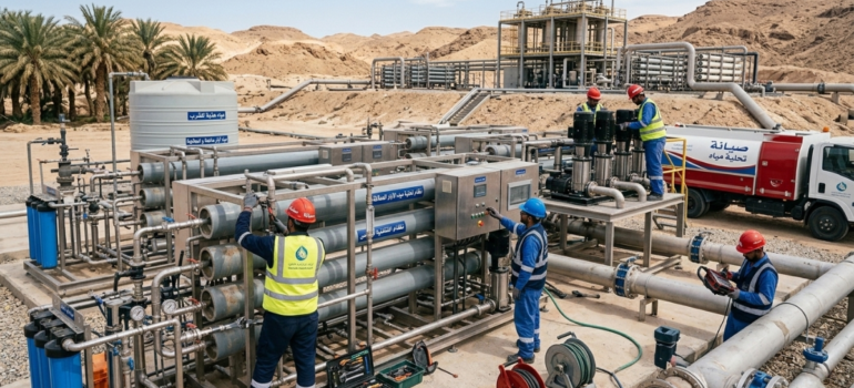 فريق عمل متكامل من المهندسين والفنيين يباشرون أعمال صيانة محطات تحلية مياه الآبار الميدانية في منطقة صحراوية لضمان كفاءة استخراج وتنقية المياه.