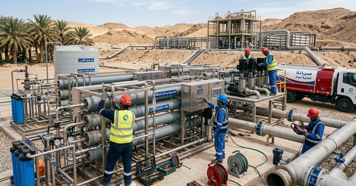 فريق عمل متكامل من المهندسين والفنيين يباشرون أعمال صيانة محطات تحلية مياه الآبار الميدانية في منطقة صحراوية لضمان كفاءة استخراج وتنقية المياه.