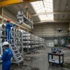 فنيون يعملون في محطة تحلية باستخدام تكنولوجيا ذكية ورافعة لنقل الأغشية، ضمن تنفيذ عقود صيانة دورية لمحطات التحلية لضمان كفاءة نظام RO.