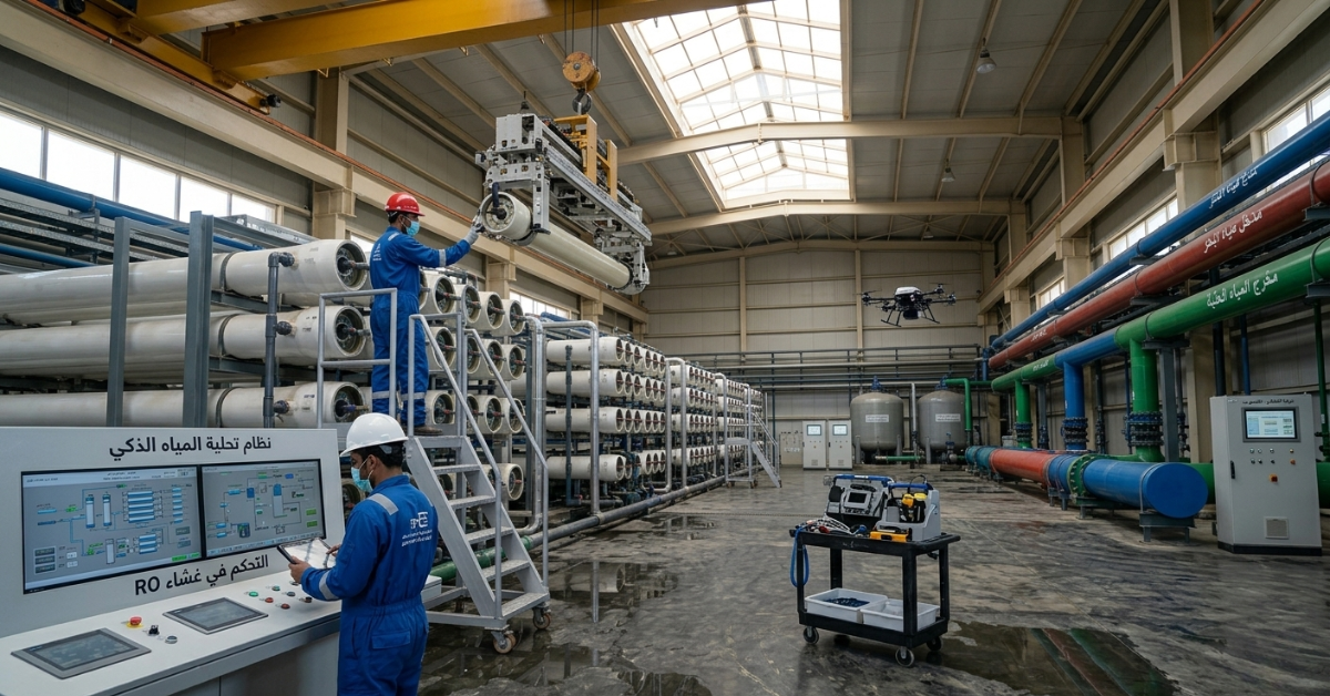 فنيون يعملون في محطة تحلية باستخدام تكنولوجيا ذكية ورافعة لنقل الأغشية، ضمن تنفيذ عقود صيانة دورية لمحطات التحلية لضمان كفاءة نظام RO.