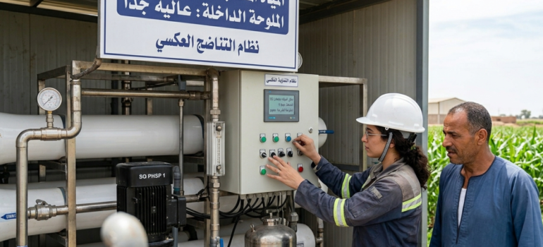 مهندسة تفحص لوحة تحكم نظام التناضح العكسي المستخدم في علاج ملوحة مياه الآبار الزائدة.
