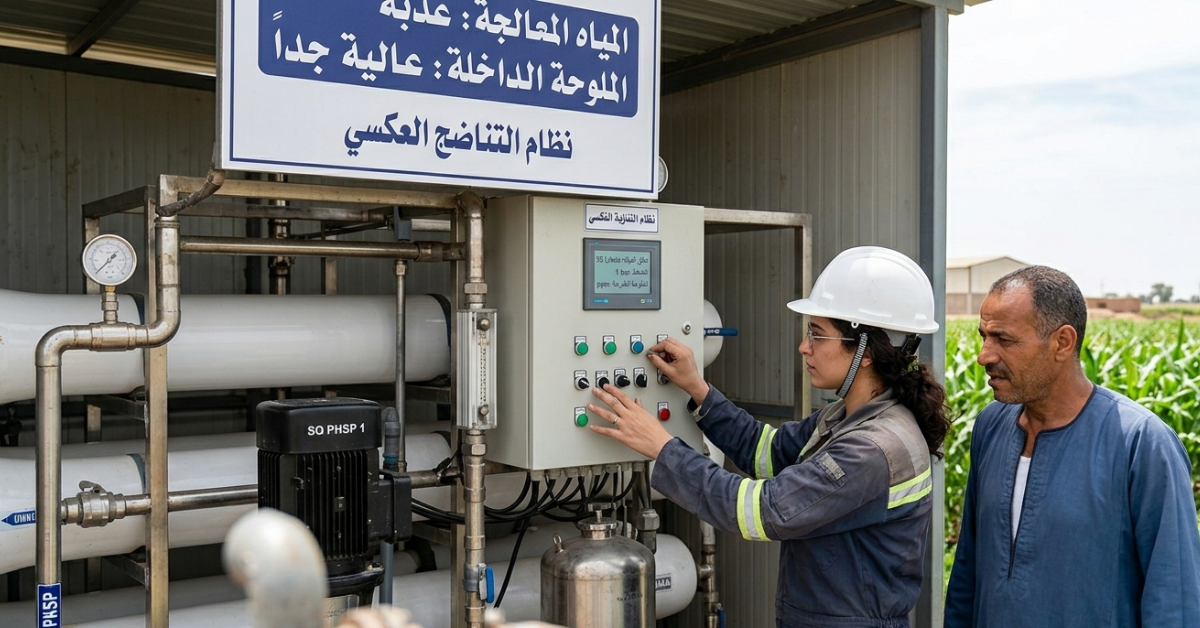 مهندسة تفحص لوحة تحكم نظام التناضح العكسي المستخدم في علاج ملوحة مياه الآبار الزائدة.