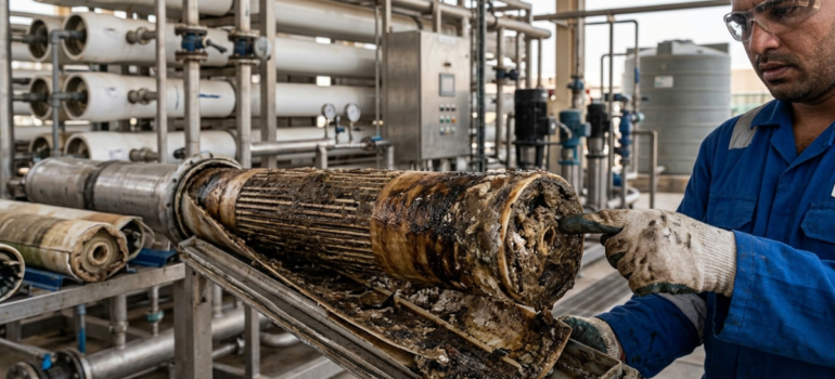 تراكم رواسب طينية شديدة توضح مشكلة انسداد ممبرين محطات التحلية.