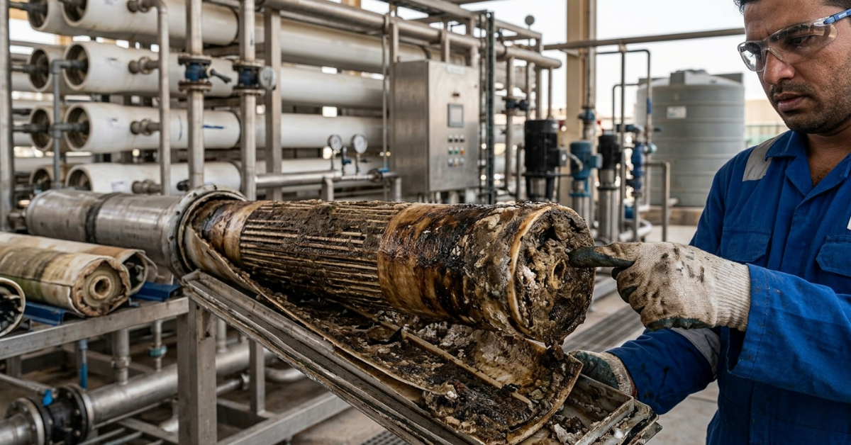 تراكم رواسب طينية شديدة توضح مشكلة انسداد ممبرين محطات التحلية.