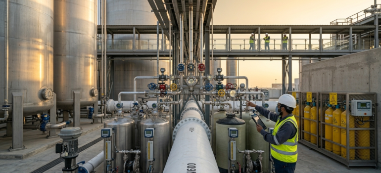 فني يتابع أجهزة حقن الكلور لمحطات المياه.