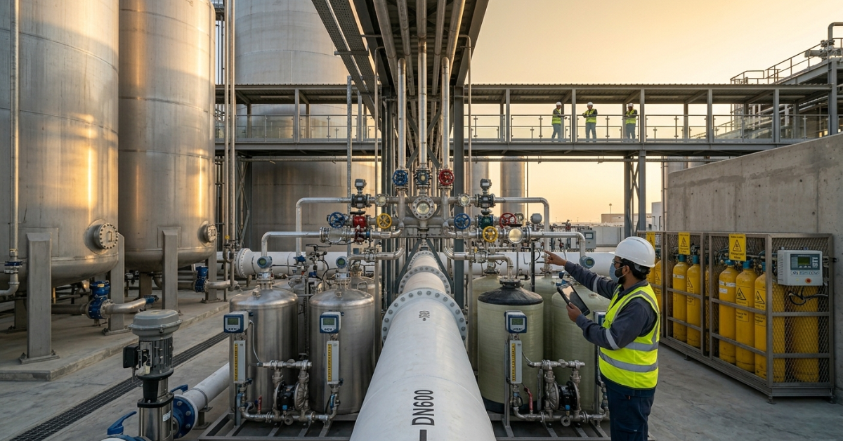 فني يتابع أجهزة حقن الكلور لمحطات المياه.