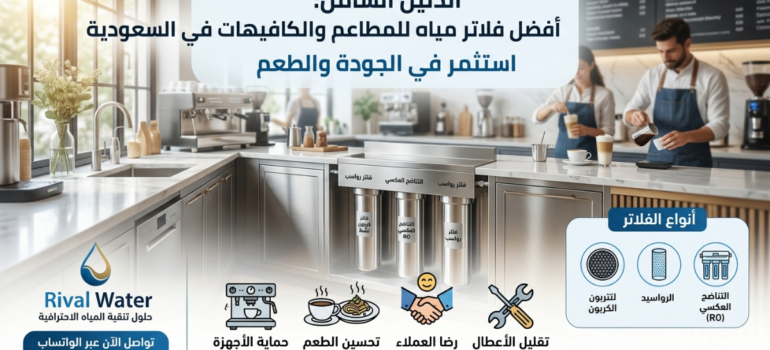 إنفوجرافيك يوضح فوائد وميزات نظام Rival Water كأفضل فلاتر مياه للمطاعم والكافيهات مع تفاصيل تقنية.