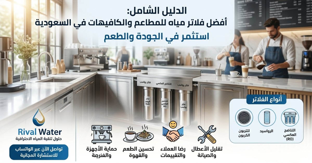 إنفوجرافيك يوضح فوائد وميزات نظام Rival Water كأفضل فلاتر مياه للمطاعم والكافيهات مع تفاصيل تقنية.
