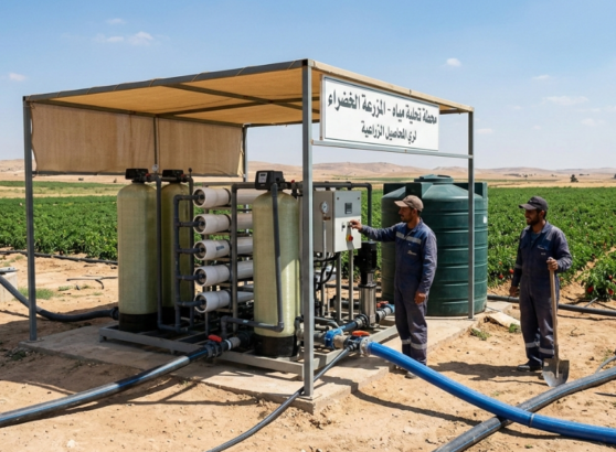 أفضل محطة تحلية مياه للمزارع موضوعة داخل بيت محمي مع خزان مياه، ويقف بجوارها عاملان يرتديان خوذات زرقاء ويرتدي أحدهما سترة عاكسة.