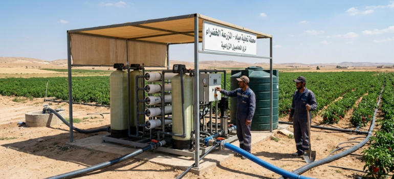 أفضل محطة تحلية مياه للمزارع موضوعة داخل بيت محمي مع خزان مياه، ويقف بجوارها عاملان يرتديان خوذات زرقاء ويرتدي أحدهما سترة عاكسة.