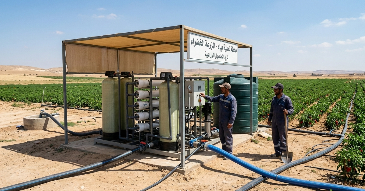 أفضل محطة تحلية مياه للمزارع موضوعة داخل بيت محمي مع خزان مياه، ويقف بجوارها عاملان يرتديان خوذات زرقاء ويرتدي أحدهما سترة عاكسة.