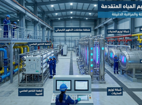 محطة معالجة متطورة تضم وحدات التناضح العكسي ضمن أنظمة تعقيم المياه.