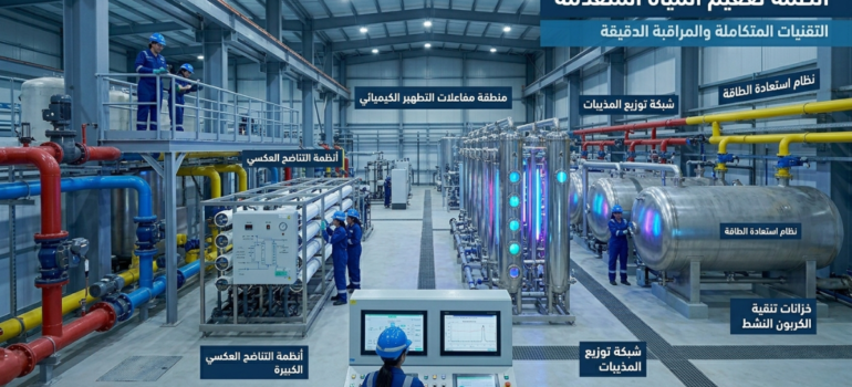 محطة معالجة متطورة تضم وحدات التناضح العكسي ضمن أنظمة تعقيم المياه.