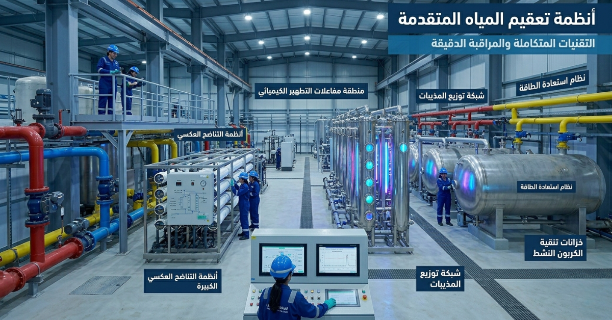 محطة معالجة متطورة تضم وحدات التناضح العكسي ضمن أنظمة تعقيم المياه.