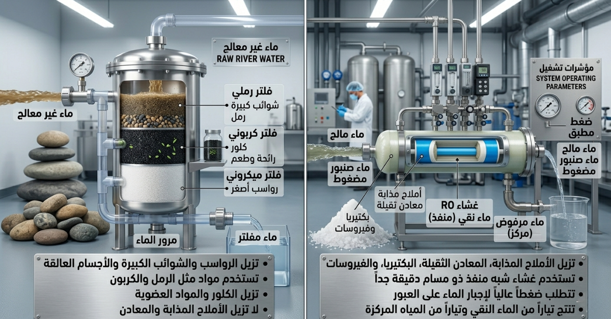 مقارنة بصرية بين أجهزة التناضح العكسي والفلترة العادية ومكونات كل منهما.