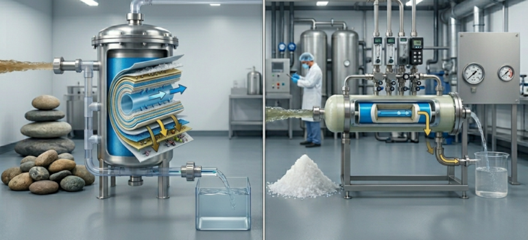 رسم تقني يشرح الفرق بين التناضح العكسي والفلترة العادية وآلية مرور المياه.