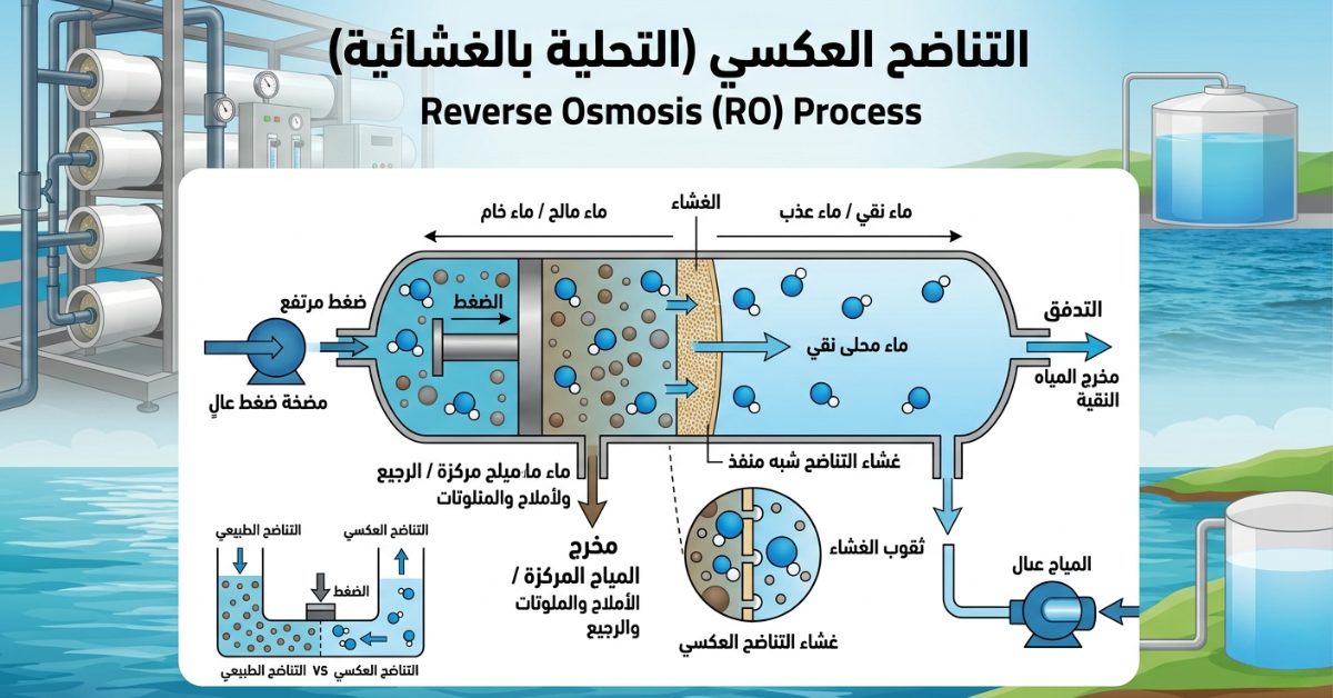 شرح لنظام RO يوضح الفرق بين التناضح العكسي والفلترة العادية عبر الأغشية.