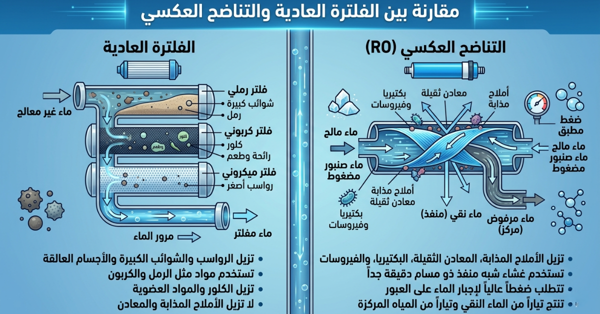 مخطط توضيحي يبرز الفرق بين التناضح العكسي والفلترة العادية في تنقية المياه.