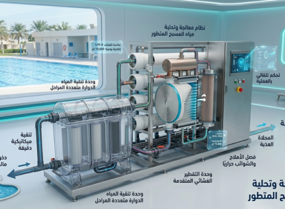 رسم توضيحي لنظام تحلية مياه المسابح ومعالجتها المتطور.