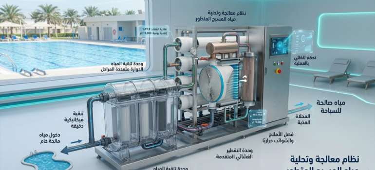 رسم توضيحي لنظام تحلية مياه المسابح ومعالجتها المتطور.