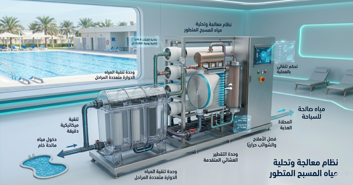 رسم توضيحي لنظام تحلية مياه المسابح ومعالجتها المتطور.
