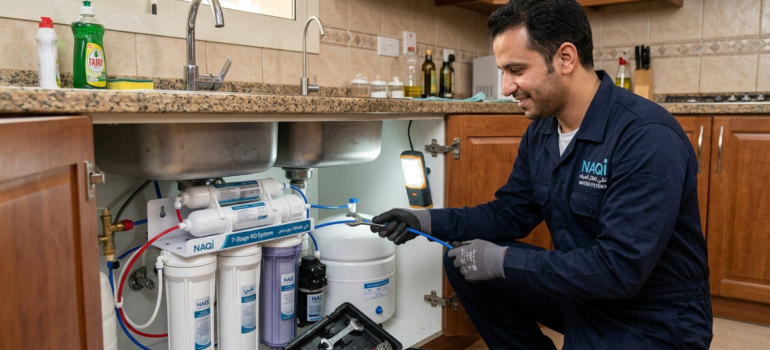 تركيب فلاتر مياه منزلية: فني يبتسم ويستخدم مفتاح الربط.