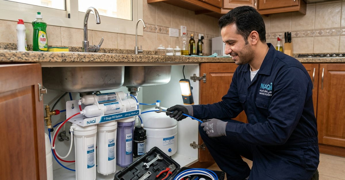 تركيب فلاتر مياه منزلية: فني يبتسم ويستخدم مفتاح الربط.