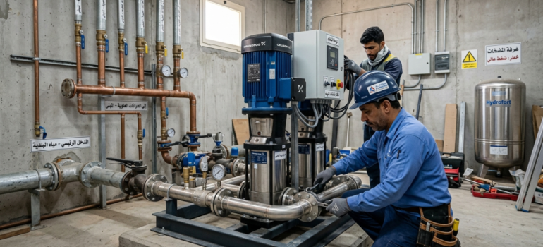 فني يفحص تركيب مضخات ضخ المياه للمباني كجزء من نظام تحلية المياه.