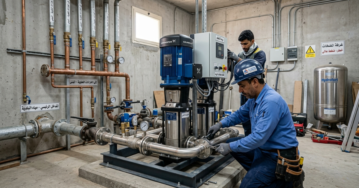 فني يفحص تركيب مضخات ضخ المياه للمباني كجزء من نظام تحلية المياه.