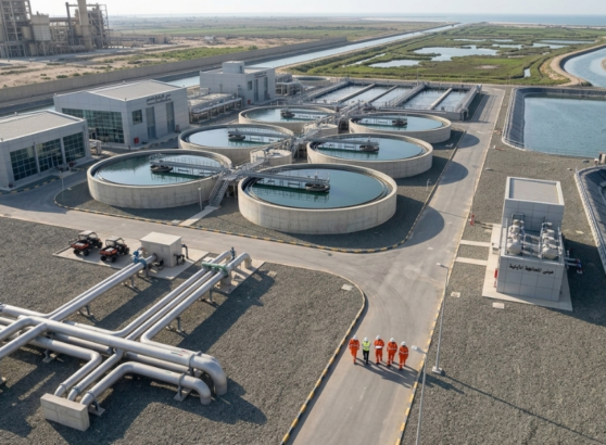 منظر علوي لتخطيط تصميم محطات معالجة مياه الصرف الصناعي الحديثة، يظهر فيه عدة خزانات دائرية ومباني إدارية.