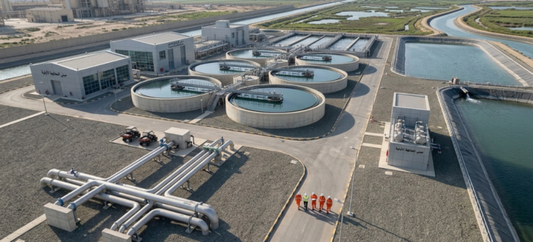منظر علوي لتخطيط تصميم محطات معالجة مياه الصرف الصناعي الحديثة، يظهر فيه عدة خزانات دائرية ومباني إدارية.