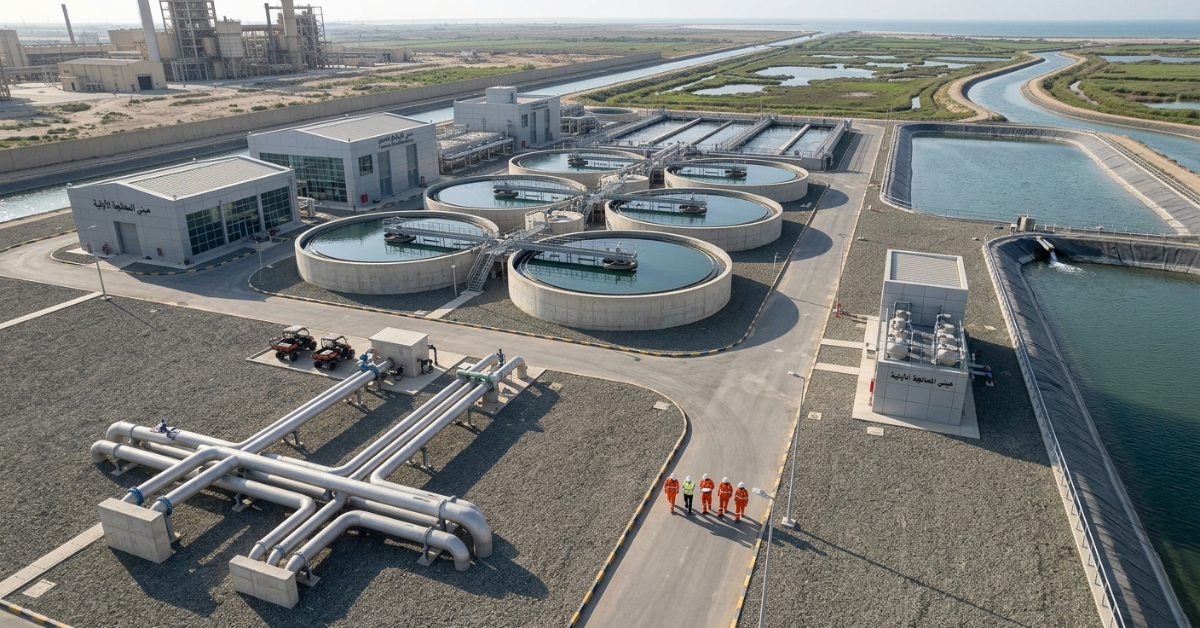 منظر علوي لتخطيط تصميم محطات معالجة مياه الصرف الصناعي الحديثة، يظهر فيه عدة خزانات دائرية ومباني إدارية.