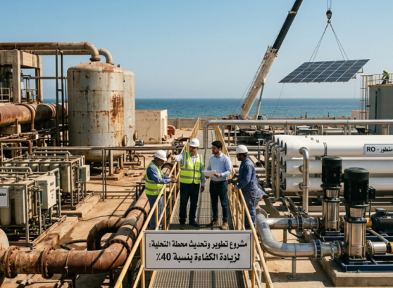 فريق عمل يناقش خطة تطوير محطات التحلية القديمة.