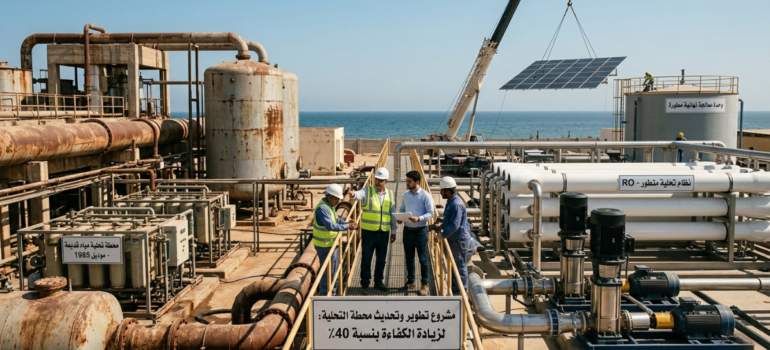 فريق عمل يناقش خطة تطوير محطات التحلية القديمة.