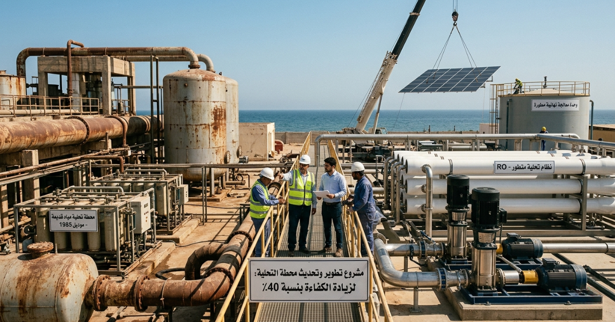 فريق عمل يناقش خطة تطوير محطات التحلية القديمة.