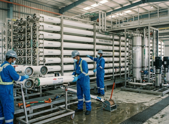 فني يفحص صمامات الضغط أثناء تنظيف ممبرين محطات التحلية.