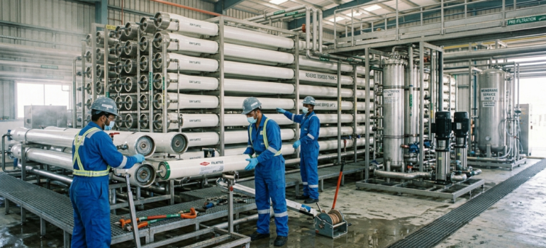 فني يفحص صمامات الضغط أثناء تنظيف ممبرين محطات التحلية.