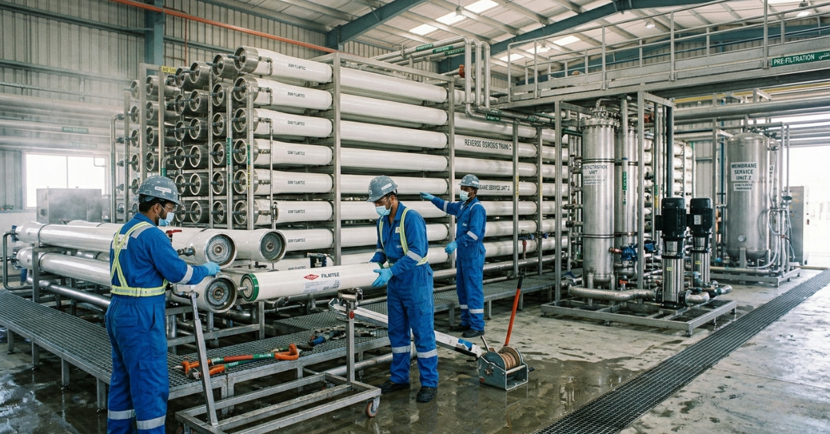 فني يفحص صمامات الضغط أثناء تنظيف ممبرين محطات التحلية.