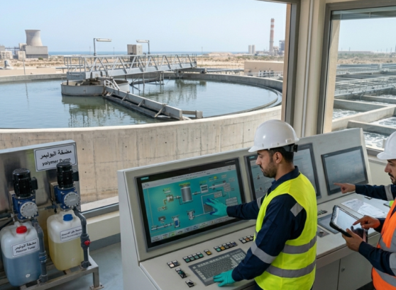 محطة صغيرة بها جهاز إزالة الأملاح من مياه الآبار، مع إطلالة على البحر.