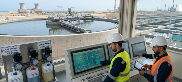 محطة صغيرة بها جهاز إزالة الأملاح من مياه الآبار، مع إطلالة على البحر.