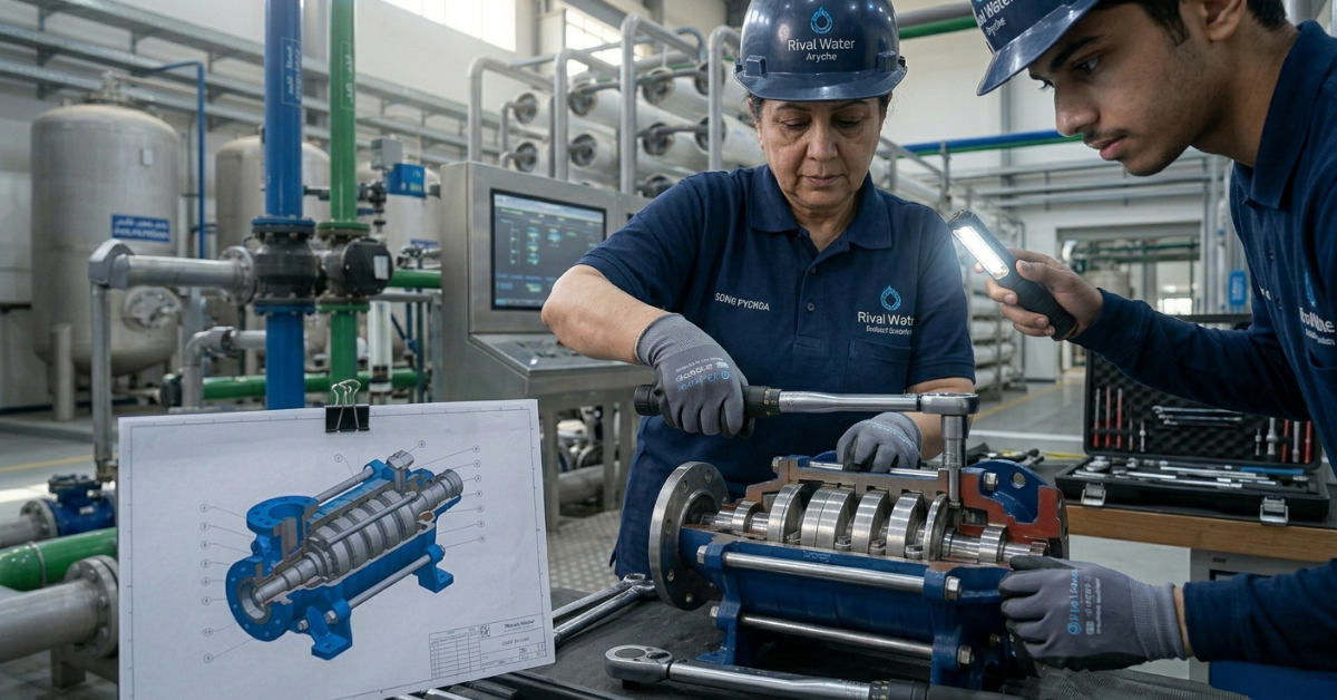 فنيون يقومون بفك مضخة متعددة المراحل باستخدام مفاتيح عزم ومصباح يدوي، تطبيقاً لخطوات دليل تشغيل محطات التحلية.