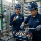 فني يمسك مصباحاً يدوياً لزميلته التي تقوم بفك مضخة كبيرة باستخدام مفتاح عزم، بناءً على دليل تشغيل محطات التحلية.